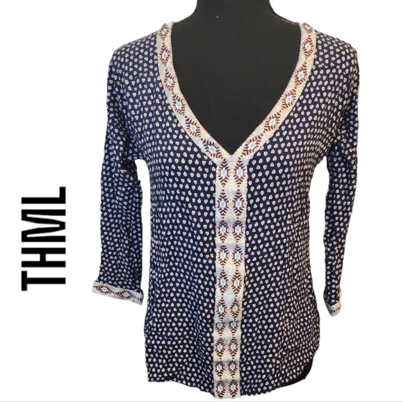 THMLl Women’s Blue Print W/Embroidered Trim Boho Blouse Size small - Picture 1 of 5